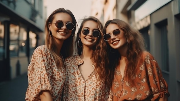 유행하는 여름 옷을 입고 거리에서 포즈를 취하고 있는 세 명의 매력적인 힙스터 여성