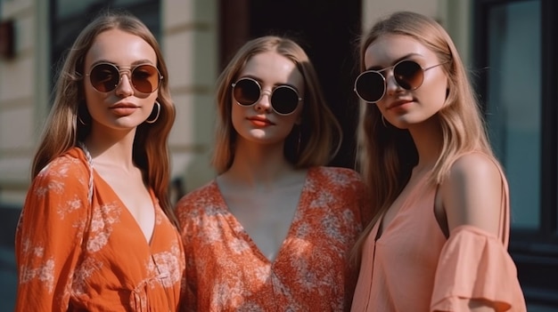 유행하는 여름 옷을 입고 거리에서 포즈를 취하고 있는 세 명의 매력적인 힙스터 여성