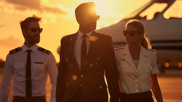 Three young aviators walking across the aerodrome