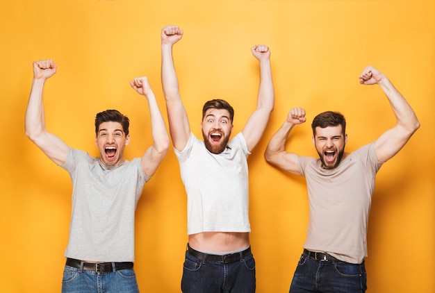 Three young excited men celebrating success