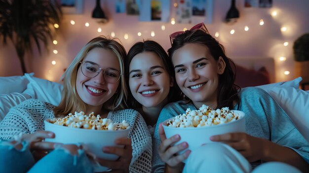 Three young female friends are sitting on a bed and watching a movie They are all smiling and eating popcorn