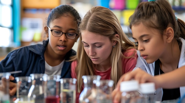Three young female students in a science lab conducting an experiment