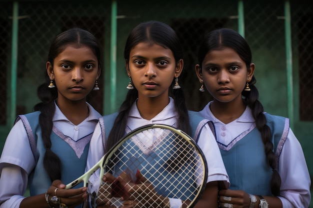 Three Young Female Tennis Players Posing with Their Racquets