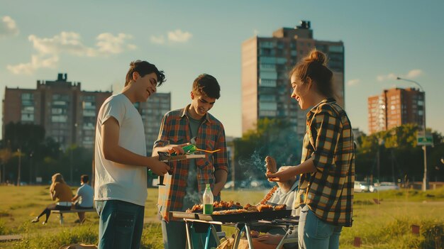 Photo three young friends are having a barbecue in a park they are all smiling and laughing and appear to be enjoying themselves