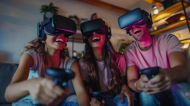 Foto tre giovani amici stanno giocando insieme a un gioco di realtà virtuale. tutti indossano cuffie vr e tengono in mano i controller.