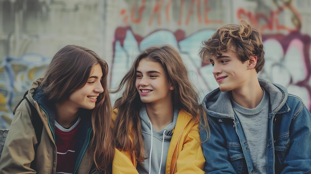 Three young friends are sitting on a bench talking and laughing they seem to be having a good time