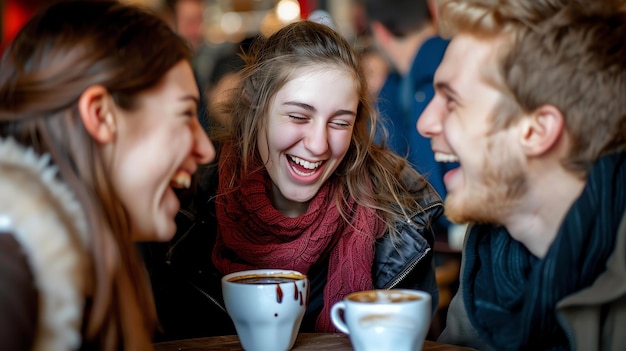 Foto tre giovani amici sono seduti a un tavolo da caffè a ridere e a parlare su tazze di caffè