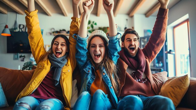 Three young friends are sitting on a couch and cheering They are all wearing casual clothes and look excited and happy