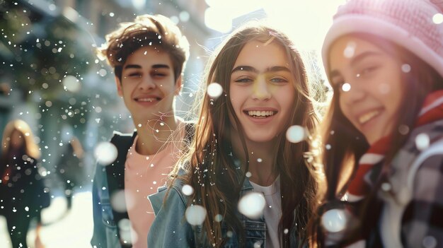 Photo three young friends are walking down the street on a cold winter day they are all smiling and look happy to be together