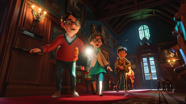 Photo three young friends explore a mysterious mansion armed with only their wits and a flashlight