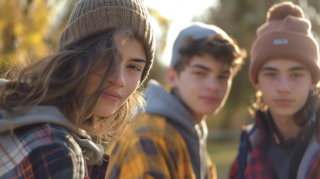 Three young friends a girl and two boys are hanging out together outdoors They are all wearing casual clothes and look happy and relaxed