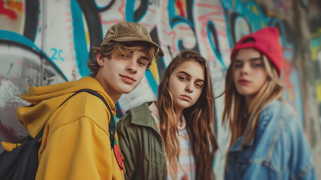 Three young friends posing in front of a graffiti wall