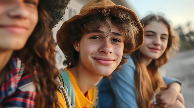 Three young friends two girls and a boy are sitting on a wall and smiling at the camera