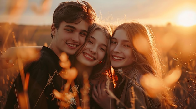 Three young friends two girls and a boy are standing in a field of tall grass They are smiling and laughing and the sun is setting behind them