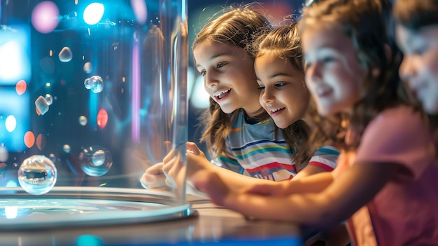 Three young girls are looking at a large glass tank with a colorful light display They are all smiling and excited