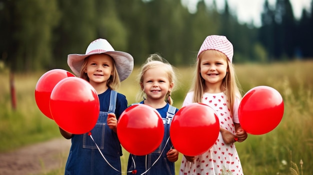 Three young girls holding red balloons in a field