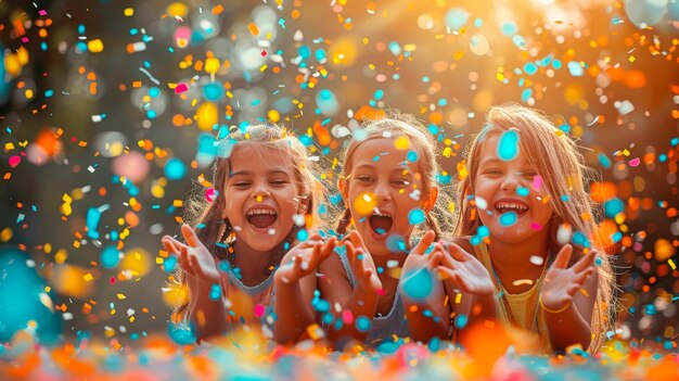 Three Young Girls Playing With Colored Confetti Generative AI