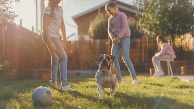 Photo three young girls playing with a dog in the backyard on a sunny day