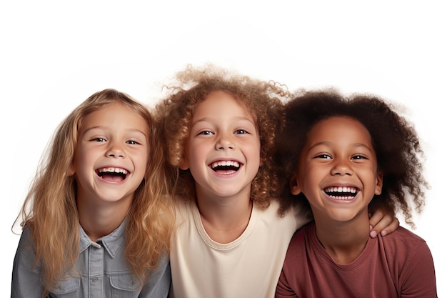 Tre giovani ragazze sorridenti in fila diverse etnie isolate su bianco