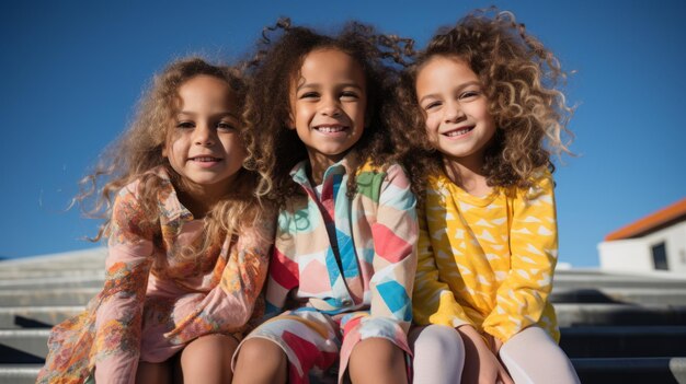 Три молодые девушки с кудрявыми волосами сидят на лестнице и улыбаются.