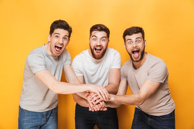 Three young joyful men celebrating success together