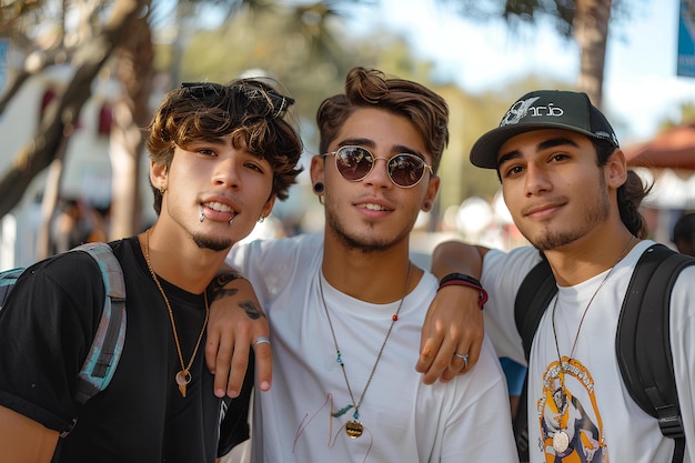 Foto tre giovani uomini posano insieme per una foto in una strada della città con le palme sullo sfondo