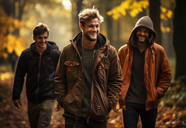 three young men walking in the autumn park and looking at each other realistic image ultra hd