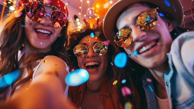 Three young multiethnic friends having fun at a party They are all smiling and laughing and two of them are wearing sunglasses
