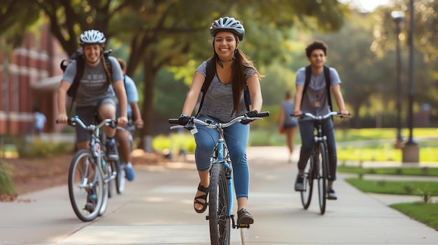 Three young people are riding bicycles on a treelined path They are all wearing helmets and smiling