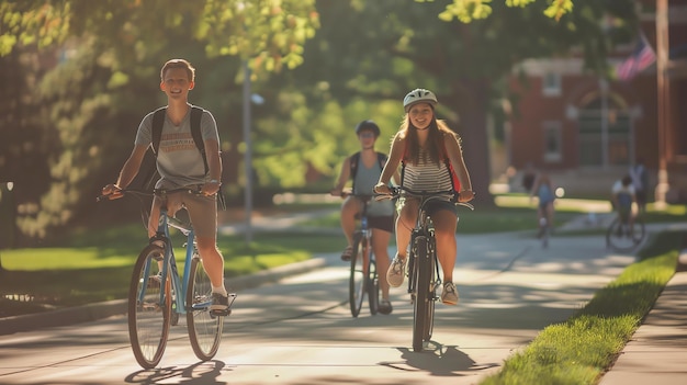 3人の若者が大学キャンパスの木に囲まれた通りで自転車に乗っている