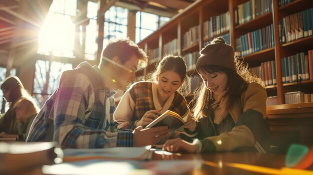 Three young people are studying together in a library They are all smiling and looking at a book The library is bright and sunny