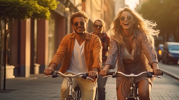 Three young people having fun cycling down the street Male and female friends on road with their bikes Travel concept Generative Ai