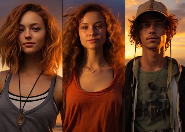 Three young people stand in front of sunset