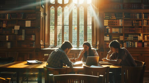사진 도서관 에서 함께 공부 하고 있는 세 명 의 젊은이 들 은 책장 들 에 둘러싸인 나무 테이블 에 앉아 있다
