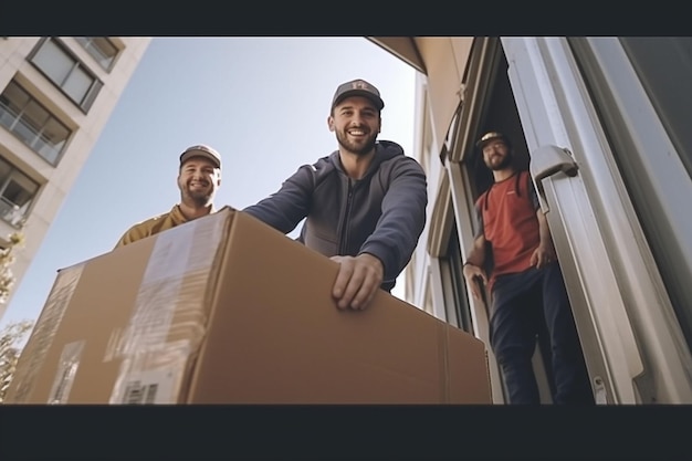 Three young people work as couriers with parcel boxes Generative Ai