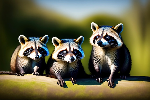 Three young raccoons lock at camera Digital artwork