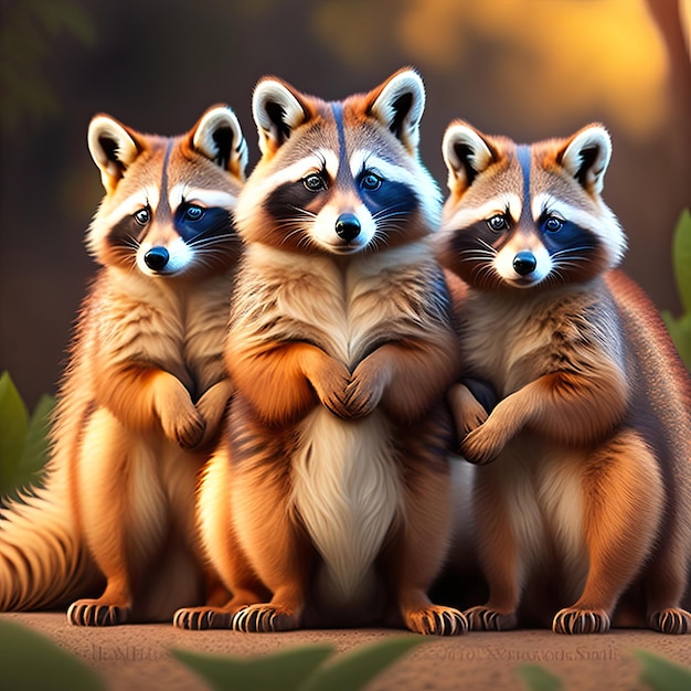 Three young raccoons lock at camera Digital artwork