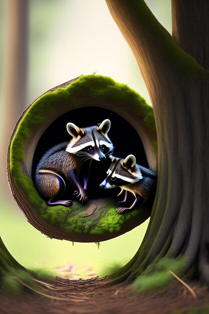 Three young raccoons scrambling over each other to peer out a hole in a large tree digital artwork