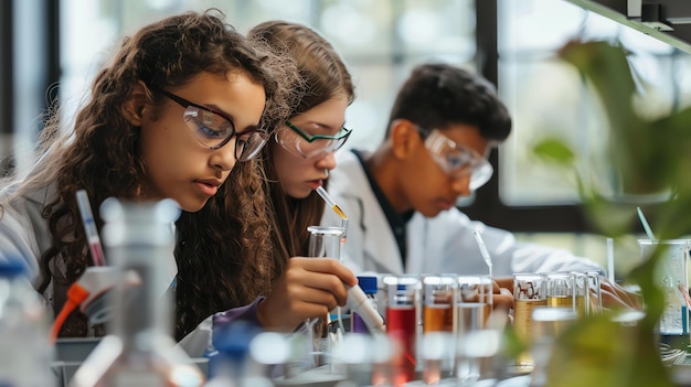 Three young scientists wearing lab coats and safety goggles work on a science experiment in a lab