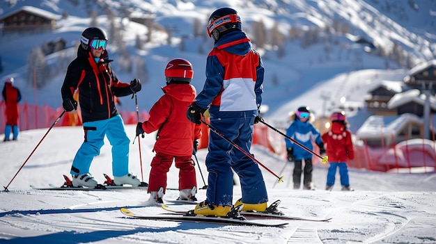 Photo three young skiers in bright ski suits are skiing down a snowy slope the skier in the middle is a little ahead of the other two