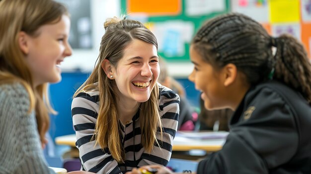 Three young women are sitting in a classroom They are all smiling and laughing The woman in the middle is wearing a striped shirt