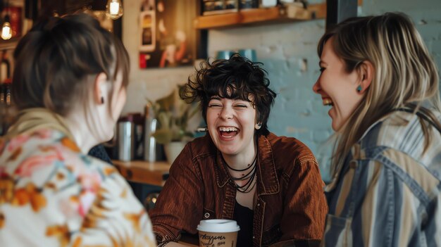 Three young women are sitting in a coffee shop laughing and talking