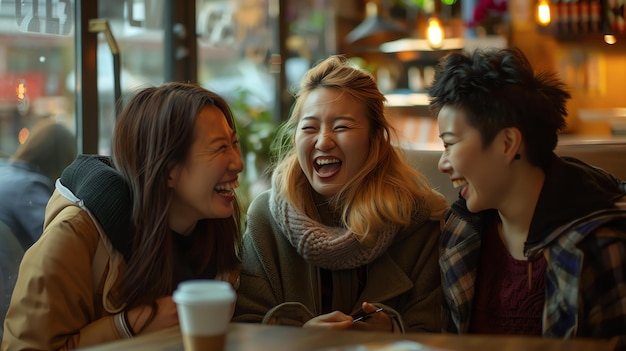 사진 세 명의 젊은 여성들이 카페에 앉아서 웃고 이야기하고 있습니다.