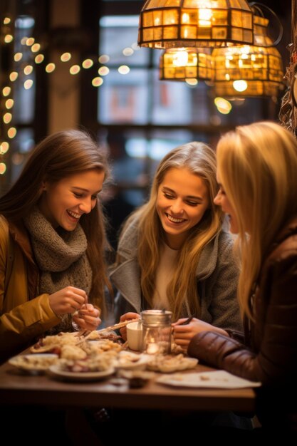 Three young women are sitting at a table in a restaurant talking and laughing