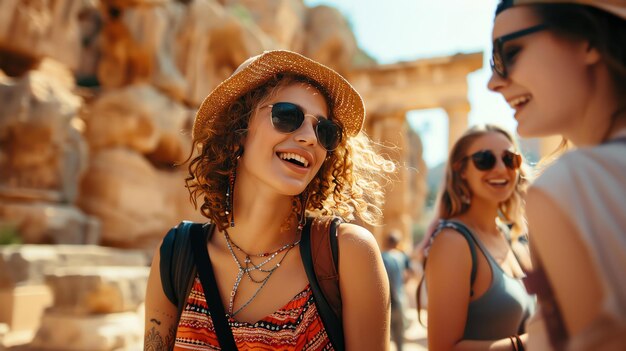 Three young women are visiting an ancient temple complex They are all smiling and laughing and they seem to be enjoying their time