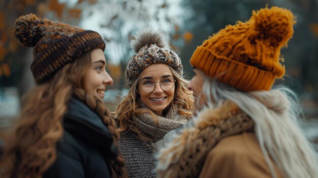 사진 세 명의 젊은 여자 들 이 가을 에 공원 에서 친근 한 대화 를 즐기고 있으며, 세련 된 겨울 의 옷 을 입고 있다
