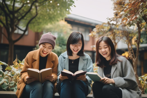 사진 세 명의 젊은 여성 들 이 가을 의 정원 에서 야외 에서 함께 웃고 책 을 읽고 있다