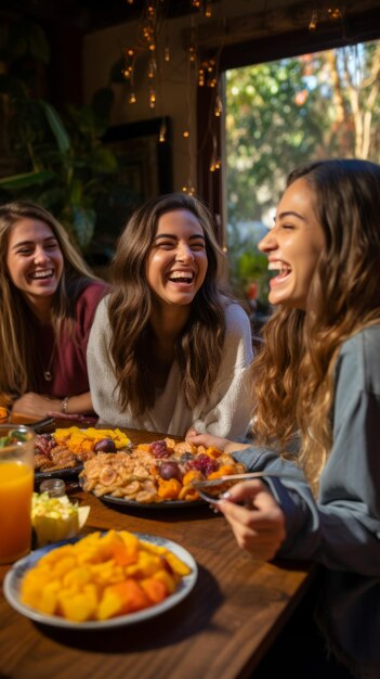 Photo three young women laughing and eating breakfast together