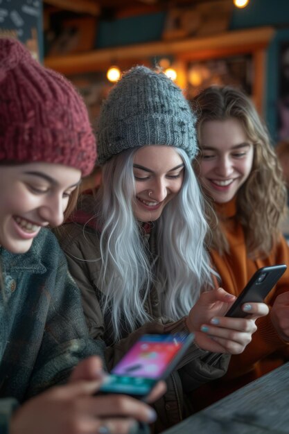 Three young women looking at their phones