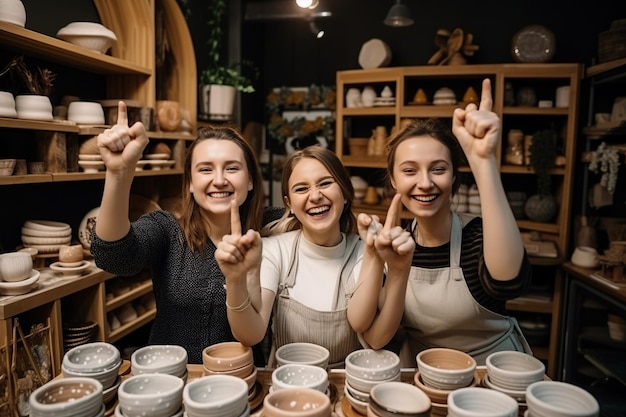 Three young women in a pottery shop They are smiling and showing thumbs up Generative AI